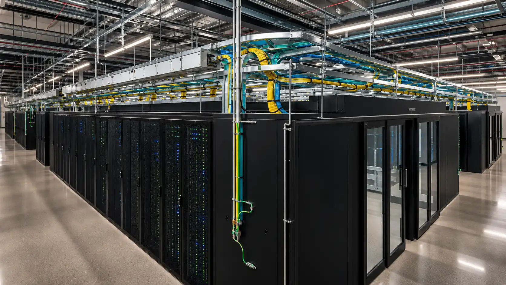 Rows of server cabinets in a data center with overhead cable pathways Media title: AI and data center infrastructure hall
