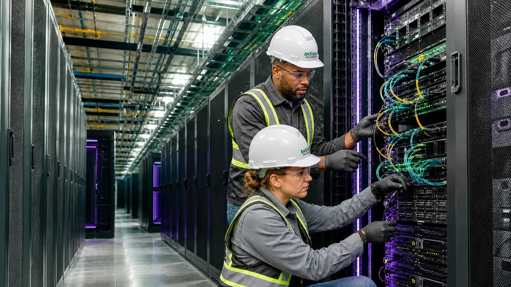 Two technicians working among server cabinets in a data center
