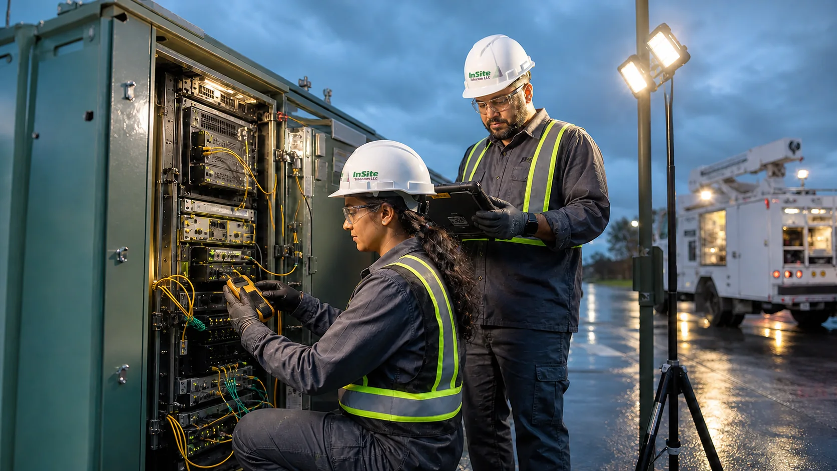 Two telecom technicians inspecting an outdoor equipment cabinet at dusk