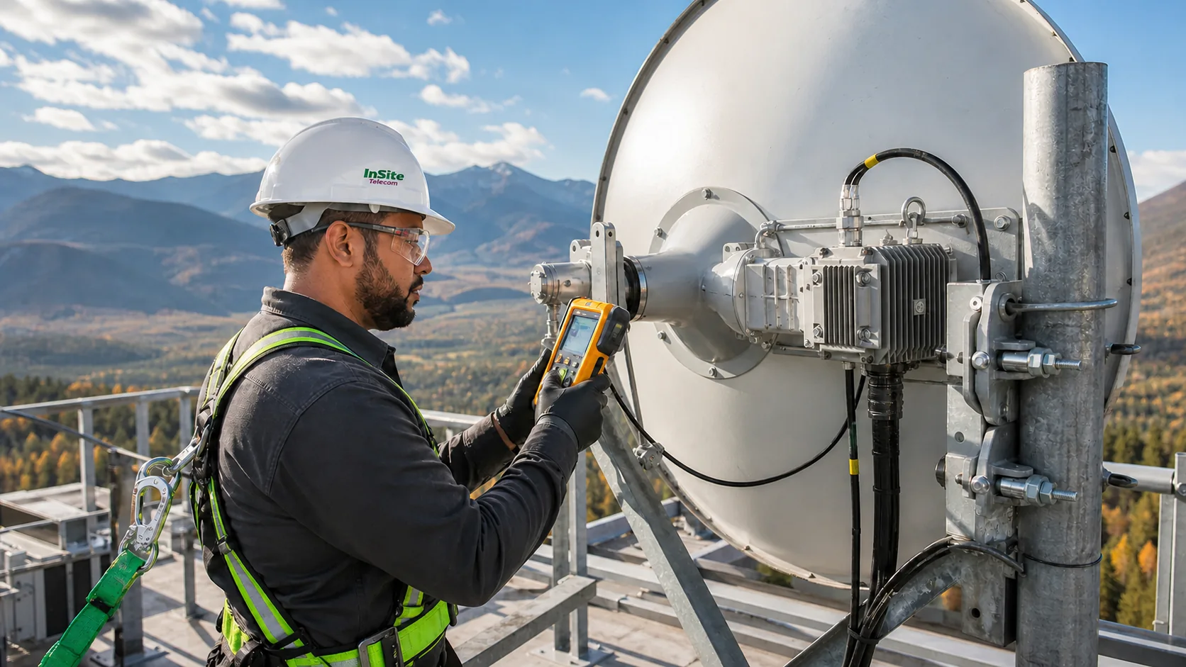 Telecom technician aligning a microwave dish on a tower