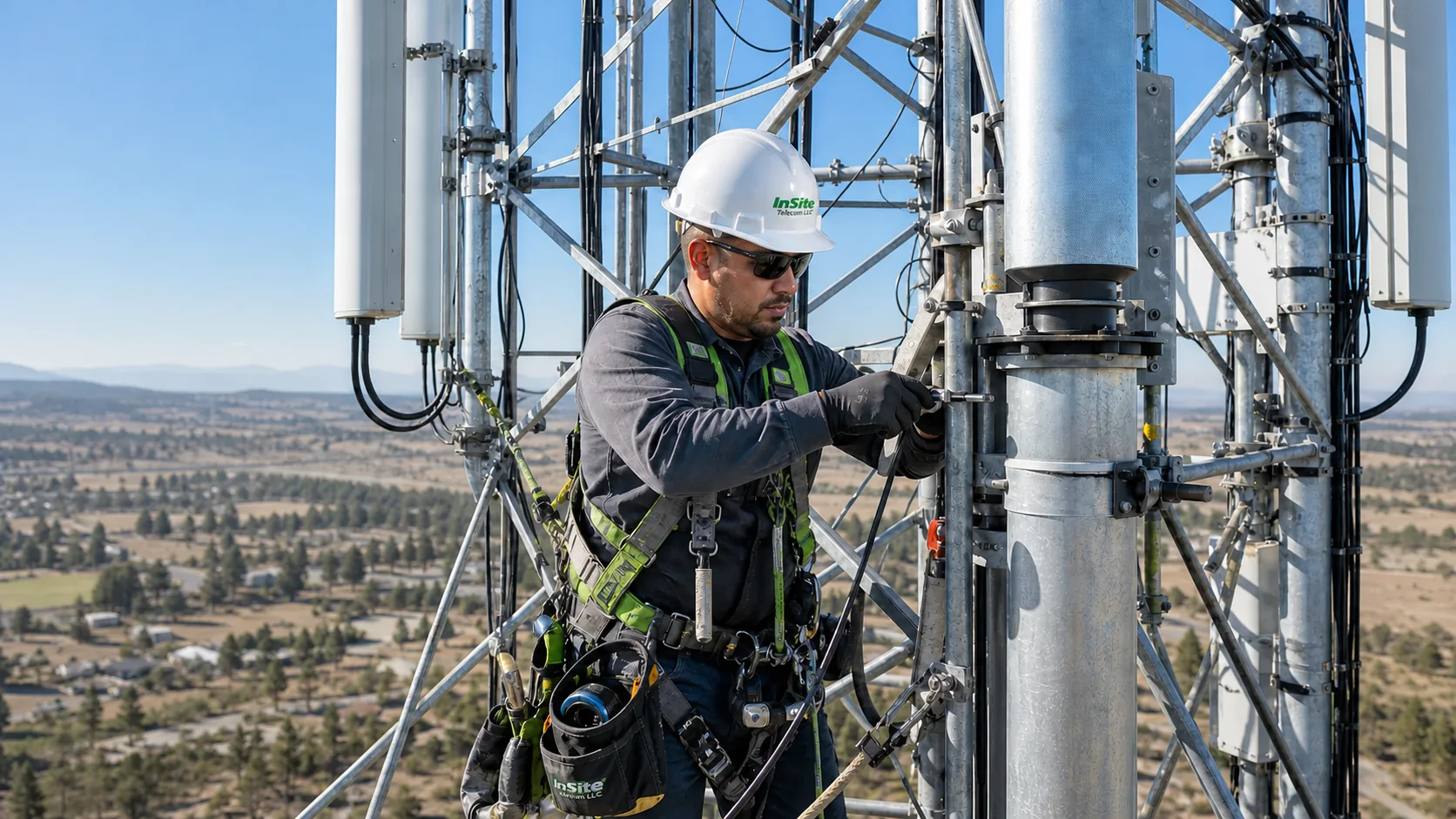 Telecom technician secured to a tower beside antenna equipment