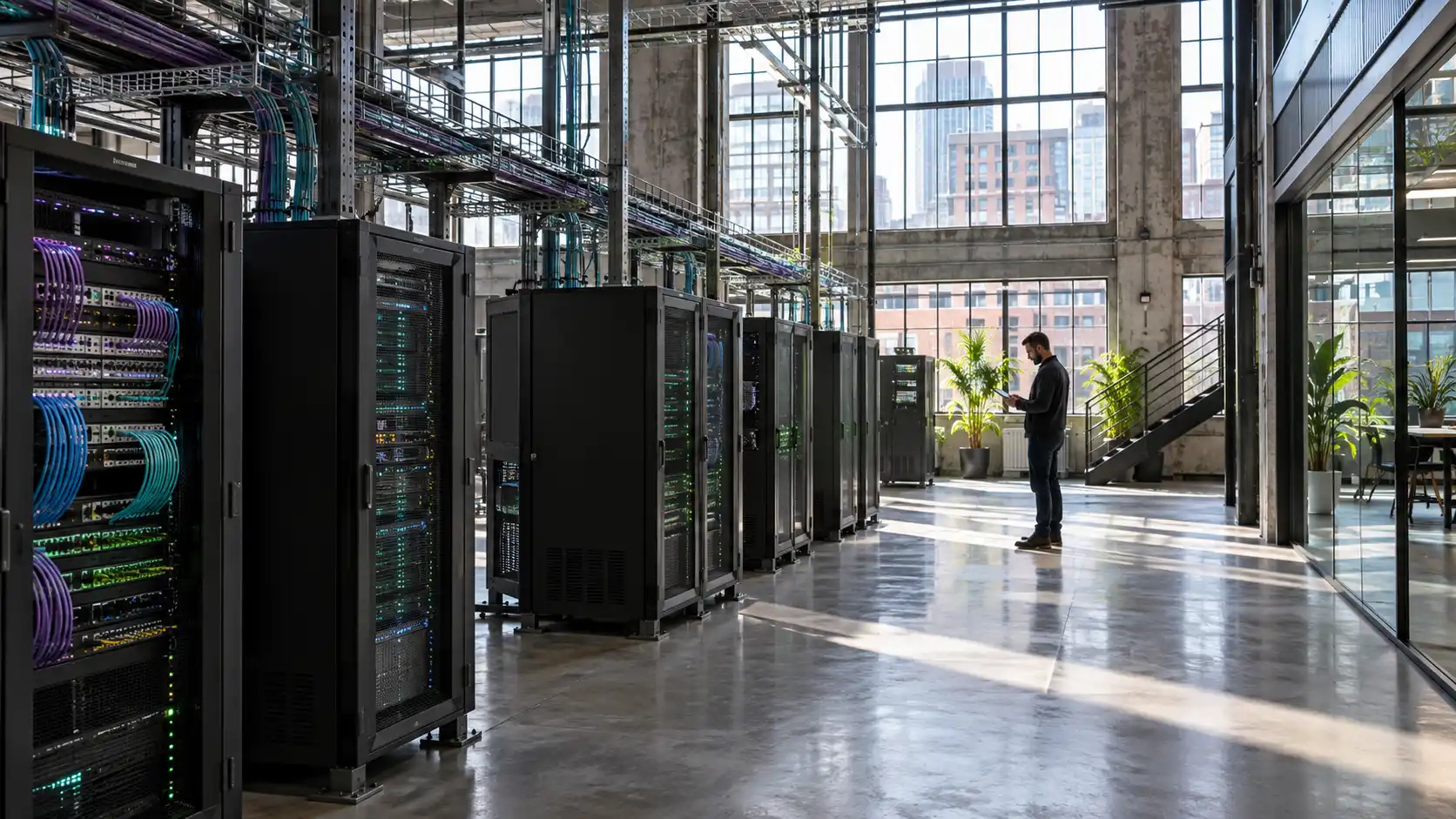 Compact edge computing equipment and network racks inside a facility