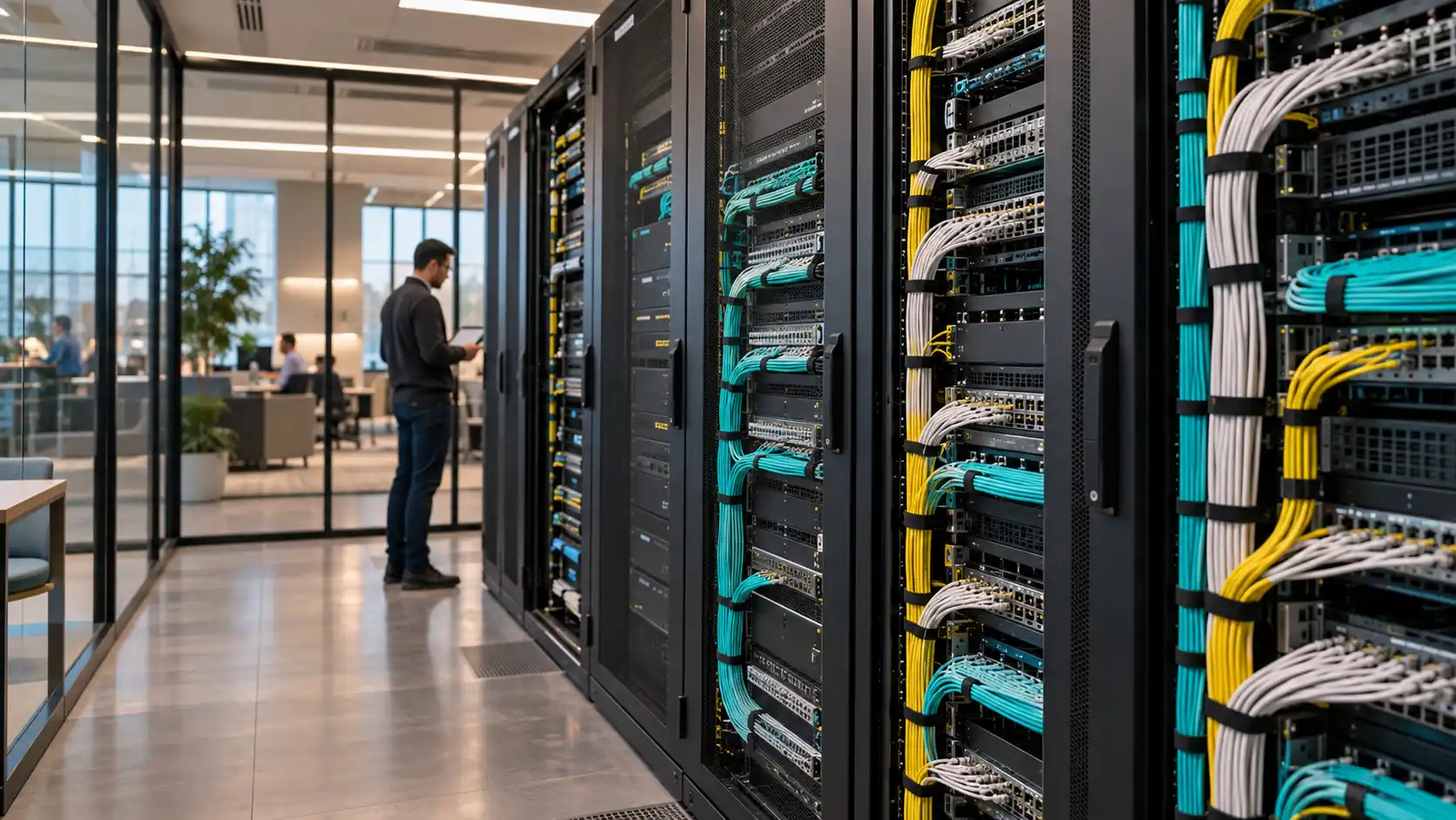 Network racks and structured cabling in an enterprise equipment room