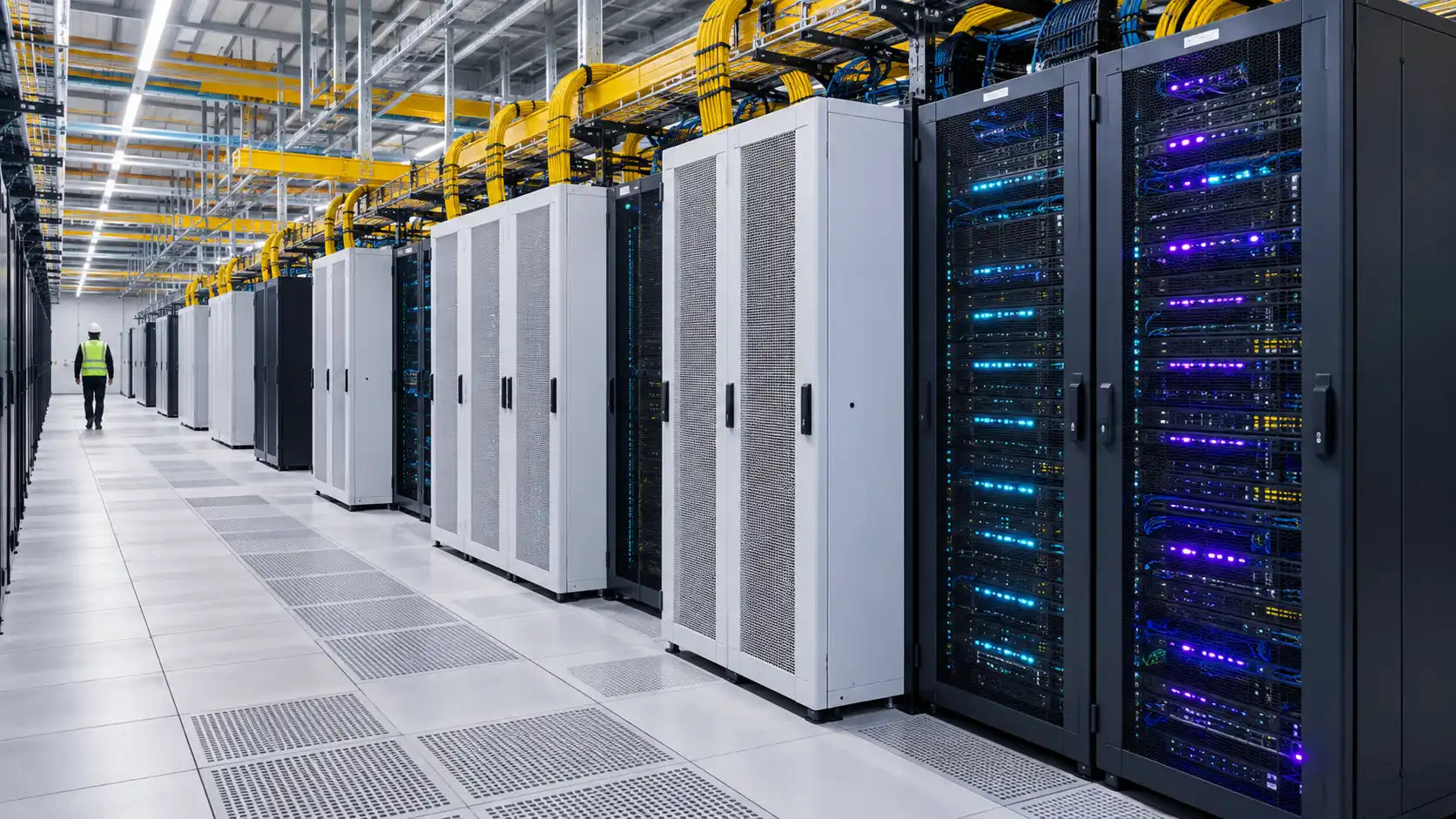 Server rows and color-coded cabling in a large data center