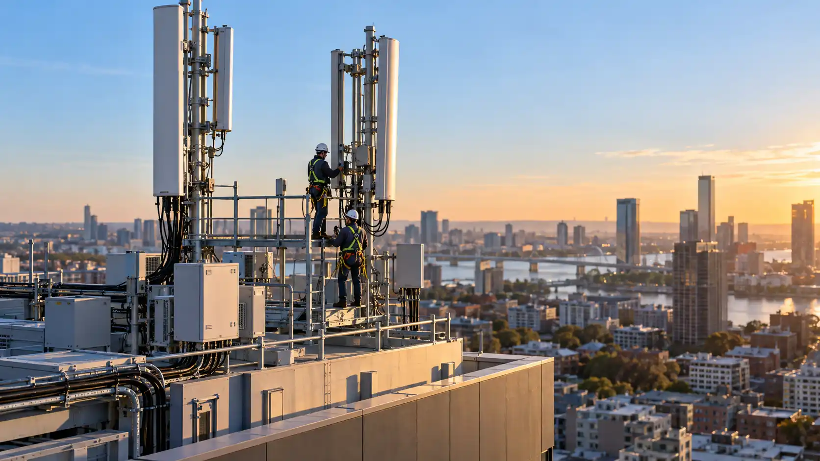 Telecom technicians working beside rooftop wireless antennas
