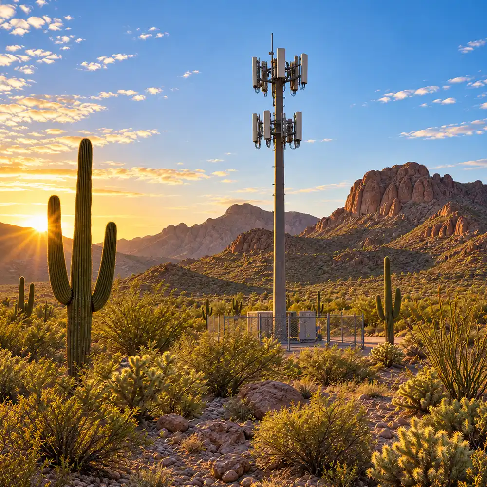 Communications tower rising above an Arizona desert landscape