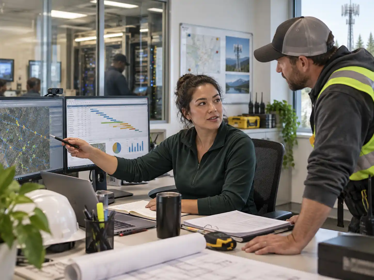 Office and field team members discussing a telecom project