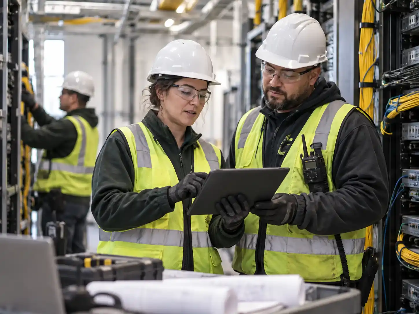 Telecom team members reviewing plans on a tablet at a worksite