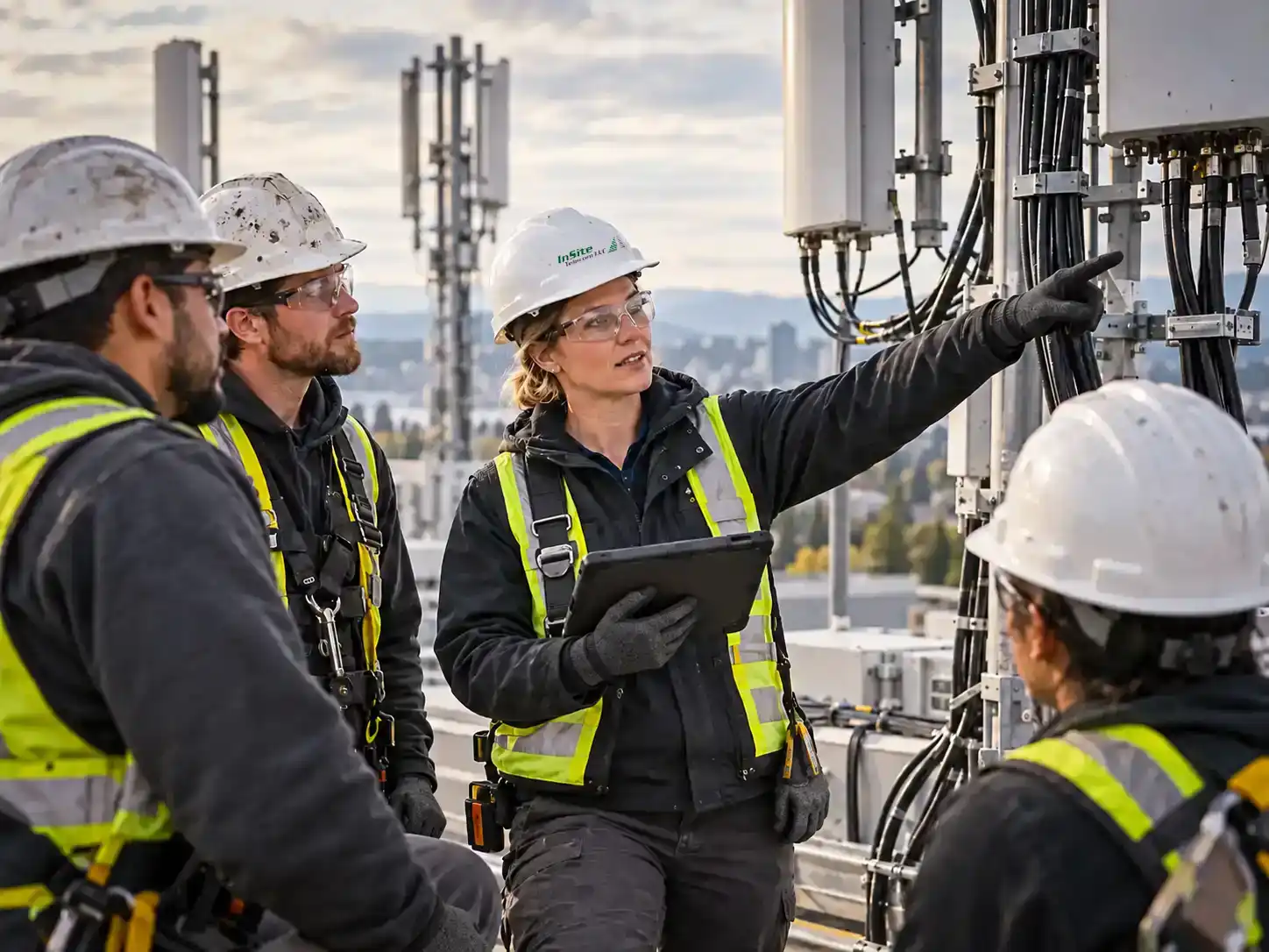 Telecom crew and supervisor working beside rooftop antennas