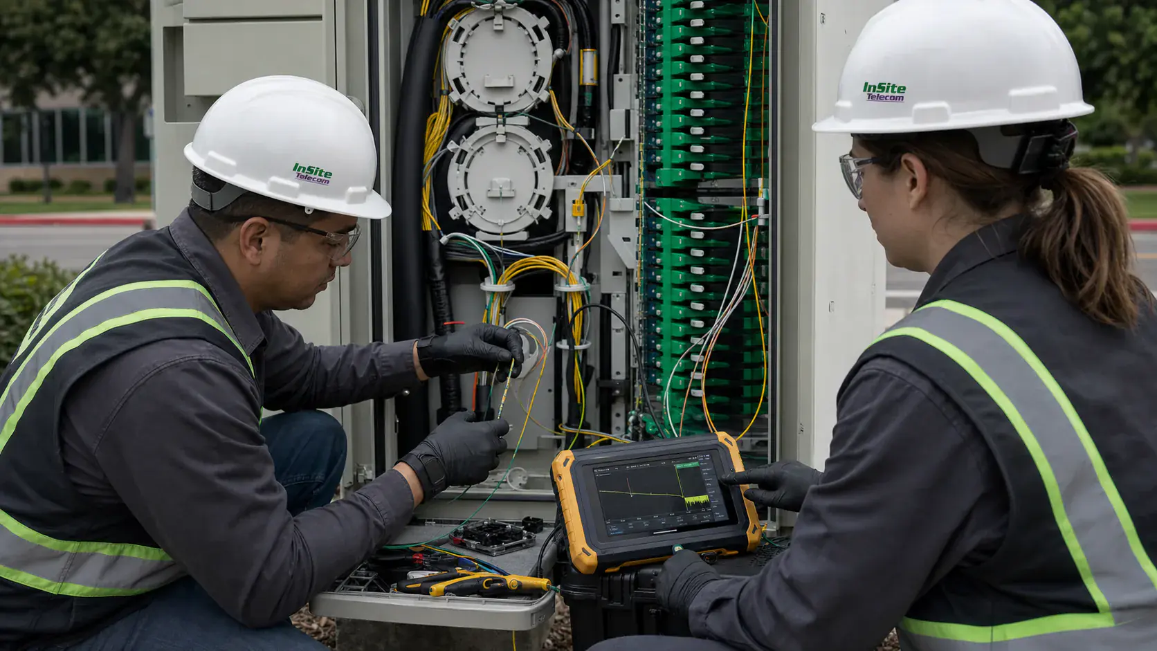 Two telecom technicians working at an outdoor fiber cabinet Media title: Outdoor fiber cabling installation