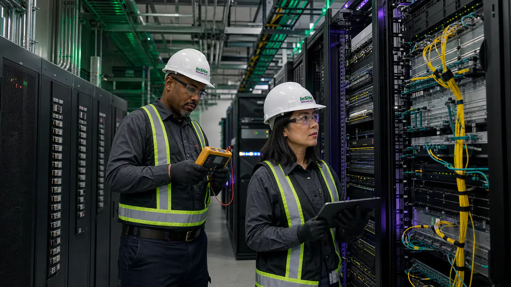 Two telecom technicians working beside network racks