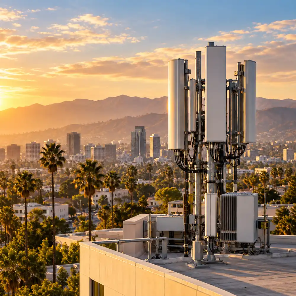 Rooftop communications antennas over a city at sunrise